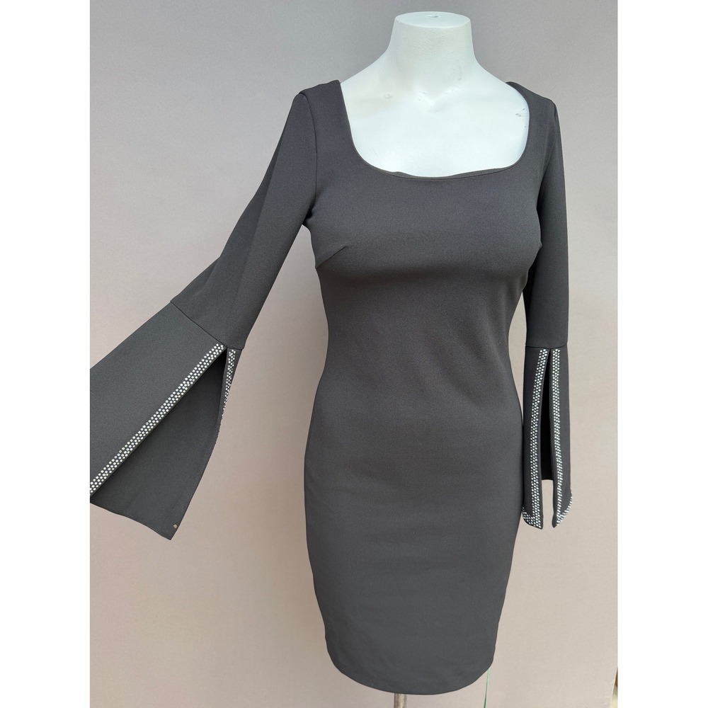 Calvin Klein Black Crepe Sheath Dress 4 Studded Bell Sleeve Cocktail Party Witch